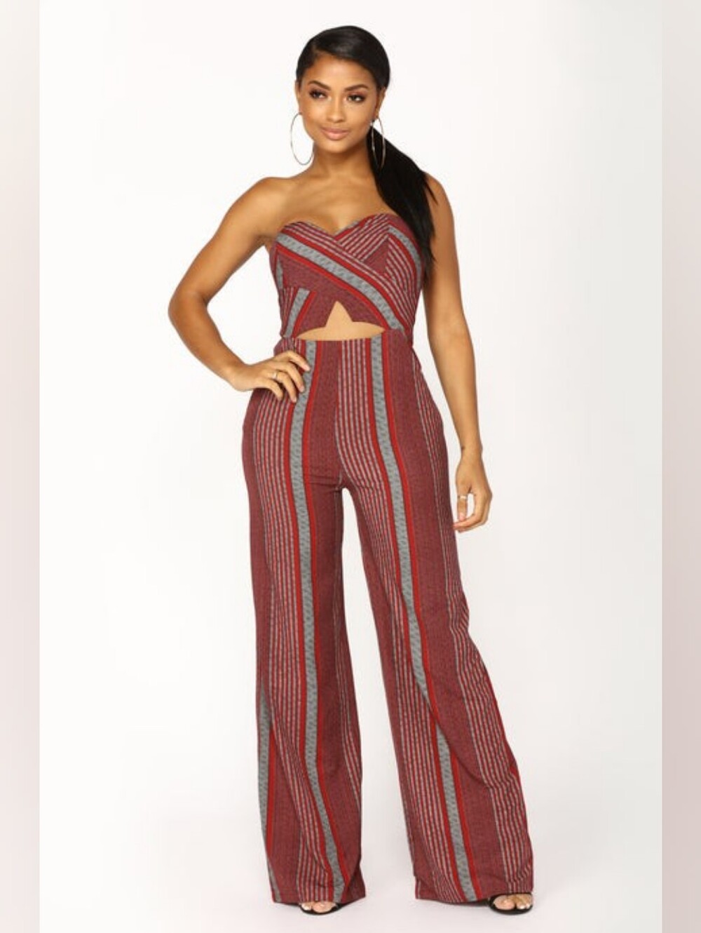 Fashion Nova Burgundy & Gray Strapless Wide-Leg Jumpsuit